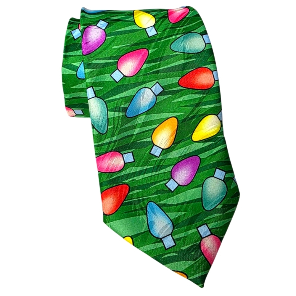 KEITH DANIELS Festive Holiday Green Tie with Colorful Bulbs.